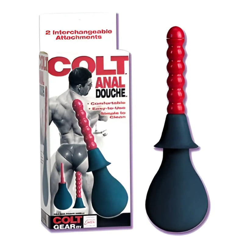 Red and black plastic colt anal douche with a beaded handle for comfortable and efficient cleansing