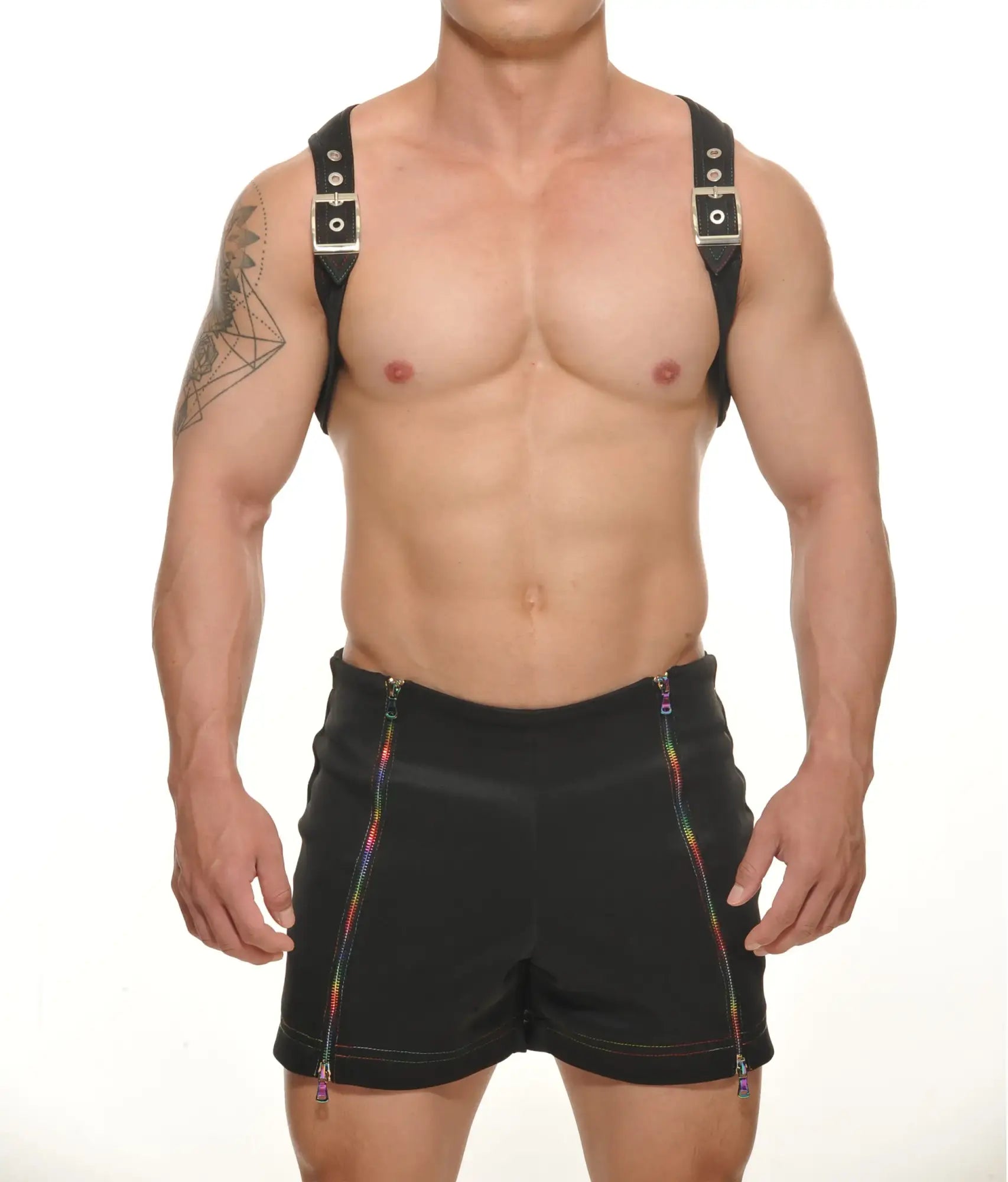 Black neoprene colt vest harness with rainbow zipper shorts and matching black suspenders with silver buckles
