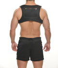 Black sleeveless neoprene colt vest harness back with rectangular zippered pocket and rainbow zipper pull