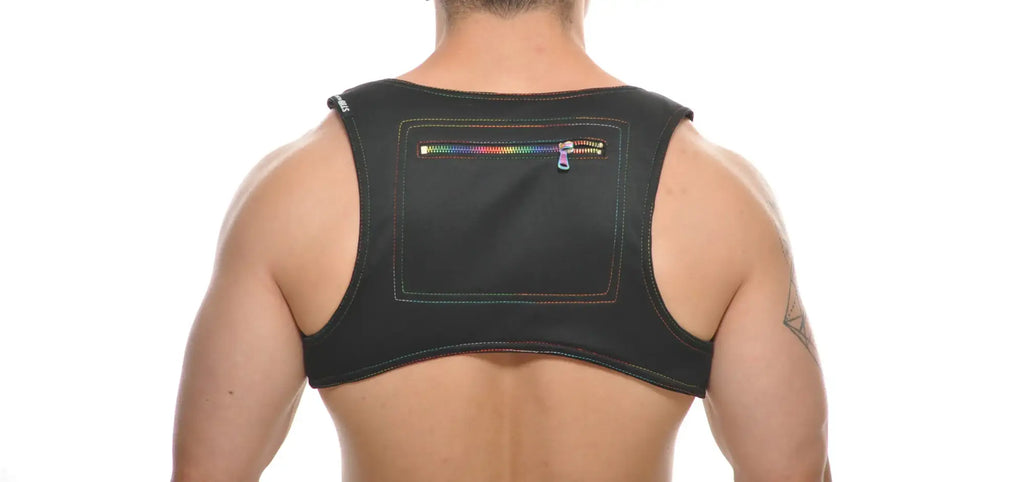 Black neoprene colt vest harness back with a rainbow zipper pocket and supportive design