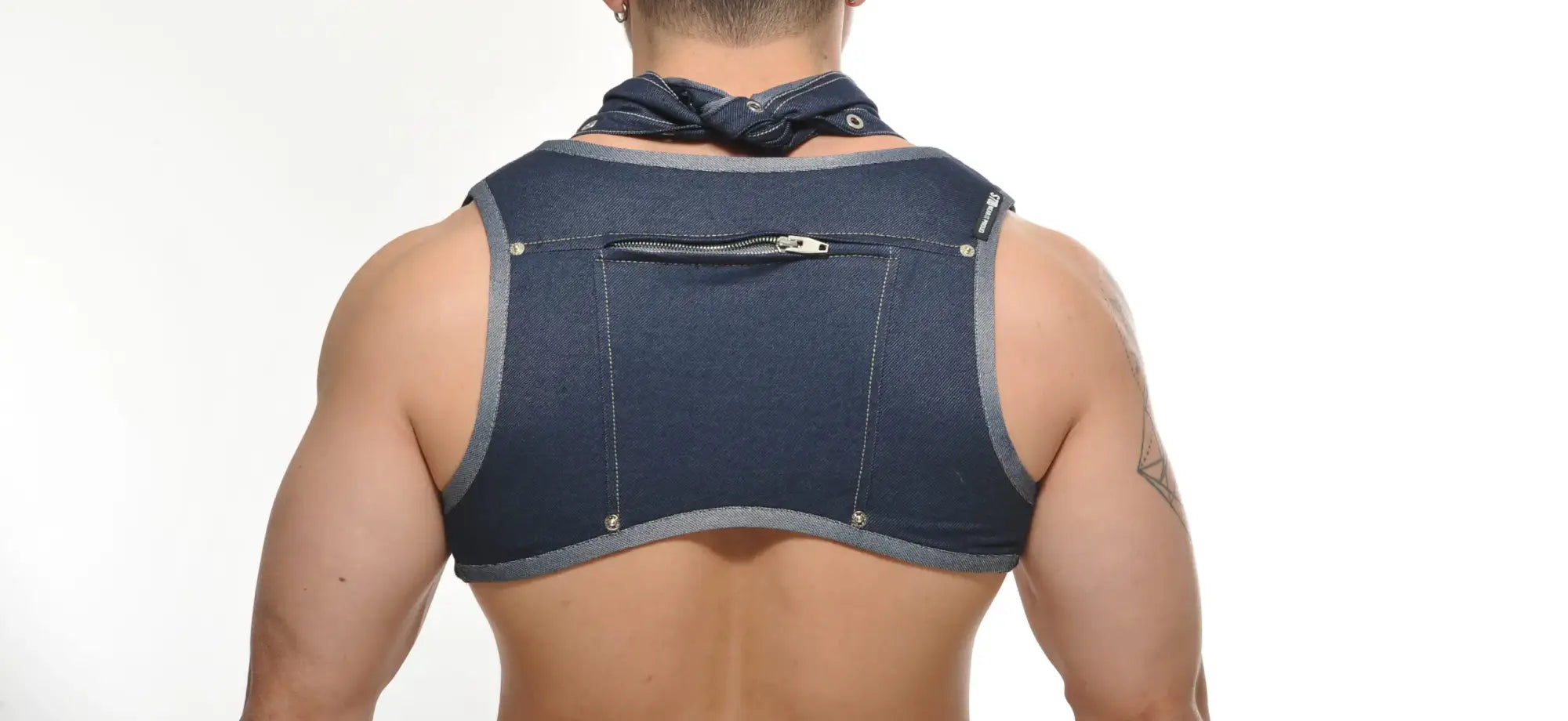Dark blue denim colt vest harness with gray trim and front zipper pocket for rugged style and utility