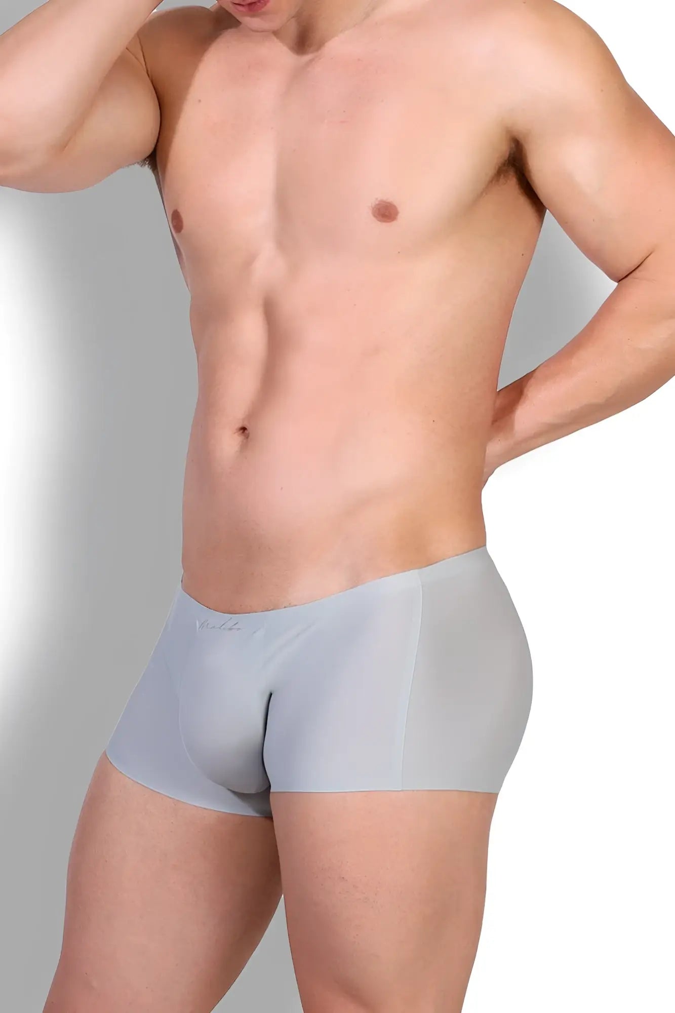 Light gray come-over silky seamless boxer briefs with smooth stretchy fabric and subtle seam detailing