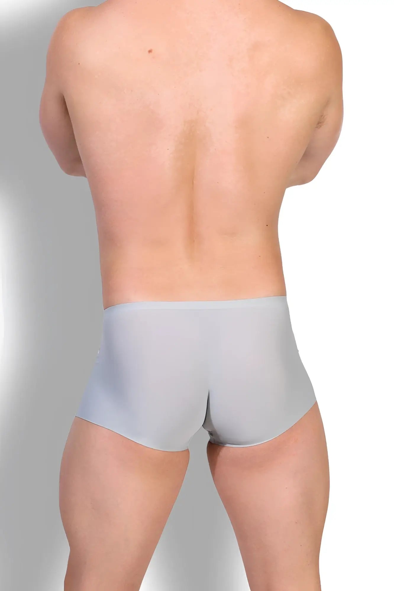 Light gray silky seamless boxer briefs for men with smooth texture and a sleek modern design in fog grey