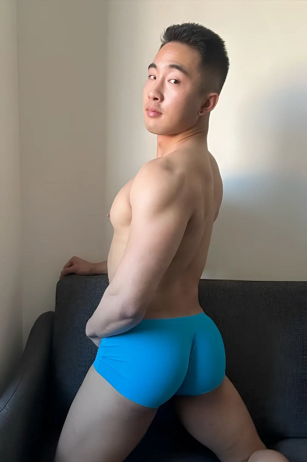 Bright blue come-over silky seamless boxer briefs made from smooth fabric for comfortable athletic wear