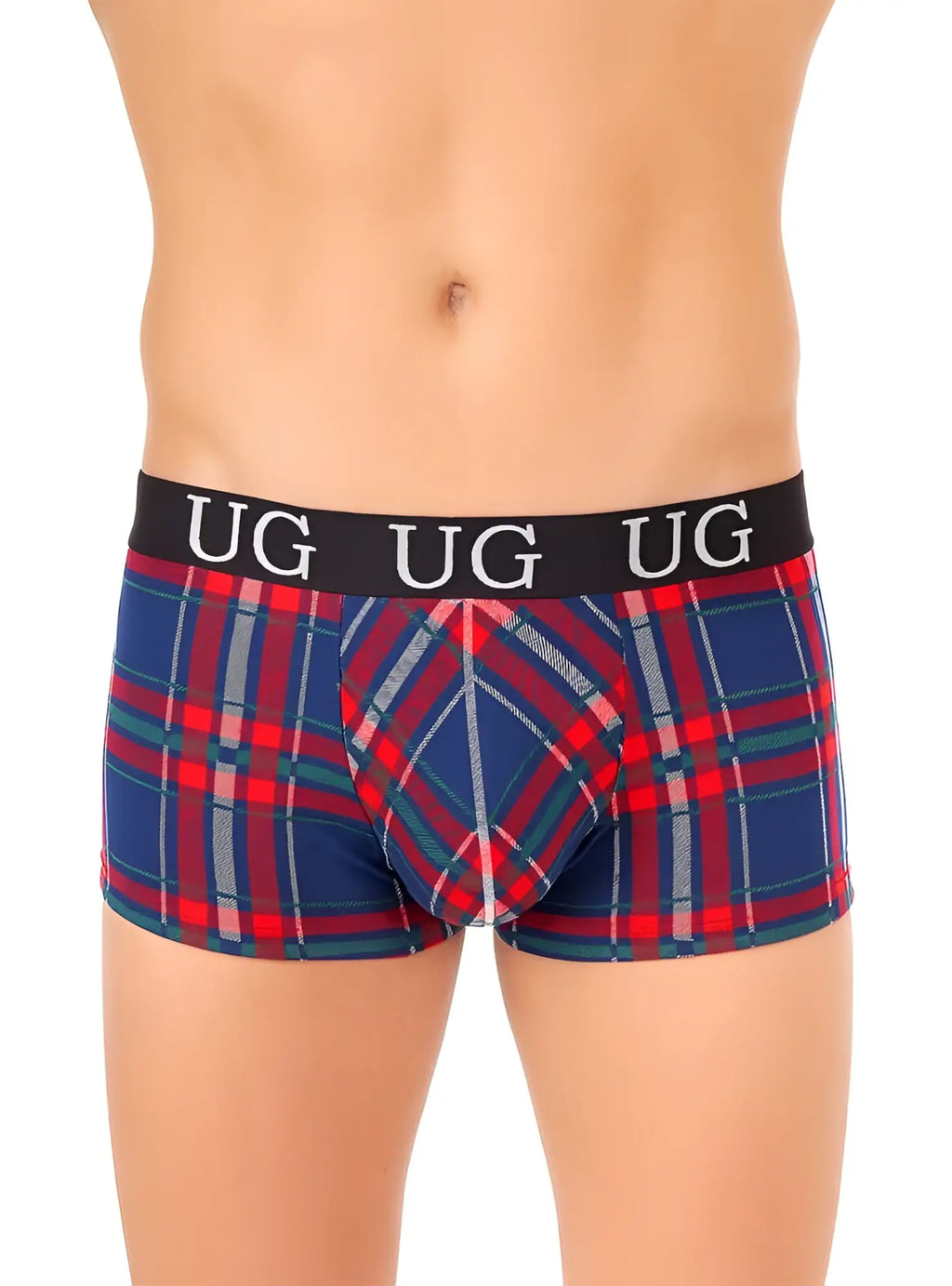 Comfort trunk blue red and gray plaid boxer briefs with black waistband and white ug logo designed for everyday comfort