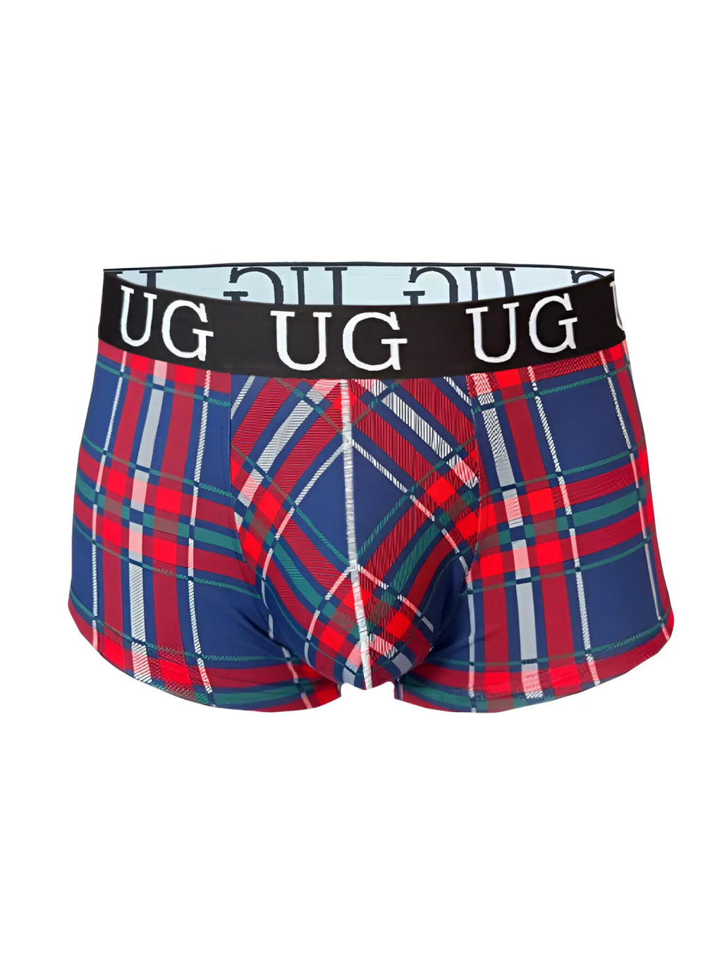 Comfort trunk blue red and green plaid boxer briefs with black waistband and ug logo for all-day comfort