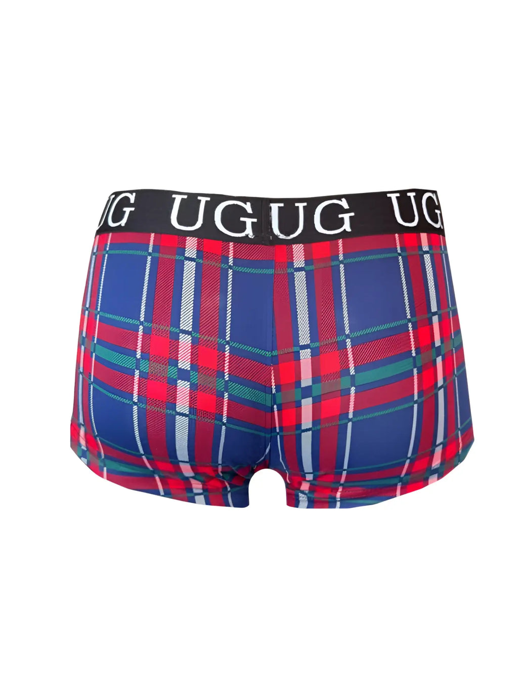 Comfort trunk briefs by ugug in blue red and green plaid with a black waistband featuring white ugug lettering
