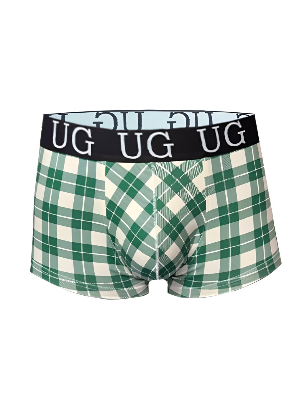 Green and white plaid men’s boxer briefs with black ug branded waistband comfort trunk for everyday wear