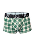 Green and white plaid men’s boxer briefs with black ug branded waistband comfort trunk for everyday wear