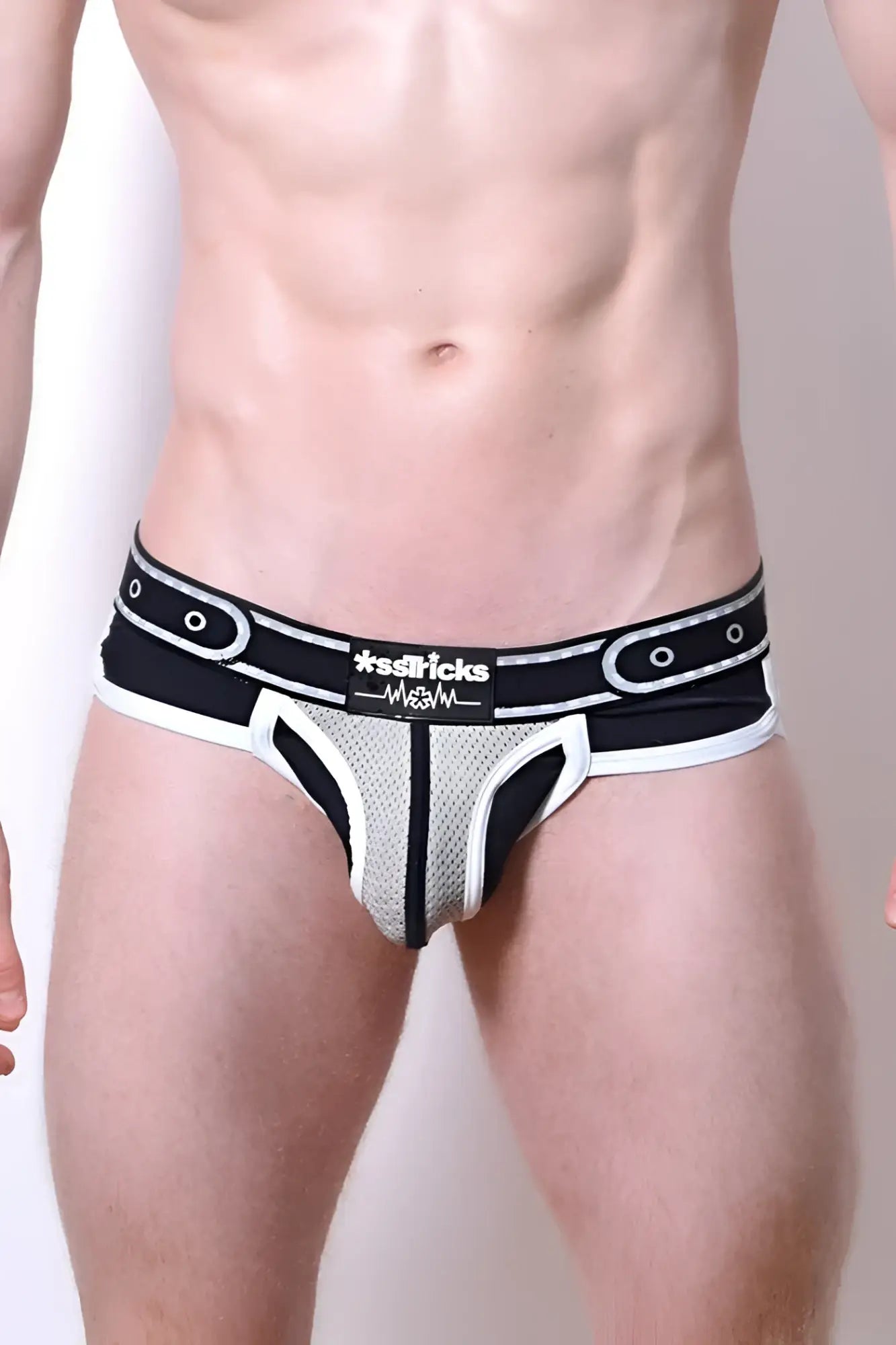 Black and white mesh comicaze brief with bold modern design and asssticks logo on waistband