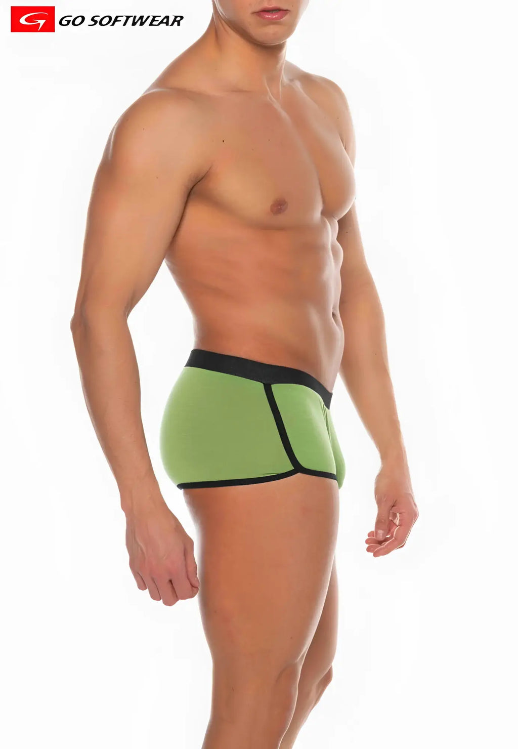 Green and black sleek form-fitting athletic briefs from go softwear commando mini sq-cut collection