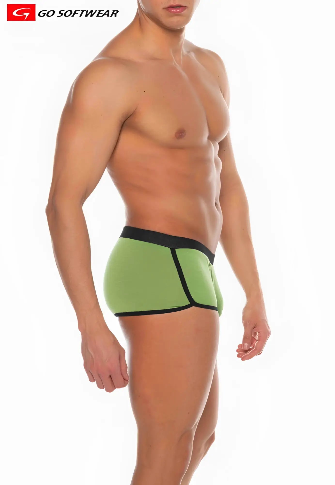 Green and black sleek form-fitting athletic briefs from go softwear commando mini sq-cut collection