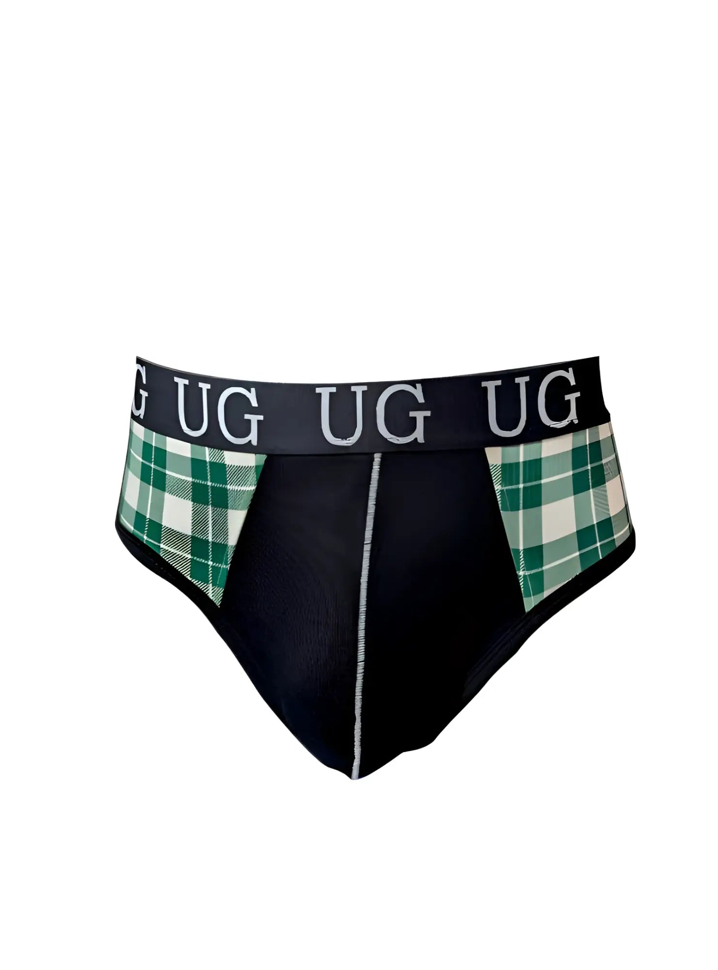 Black contrast jock briefs with green and white plaid side panels and a navy ug logo waistband with snug pouch