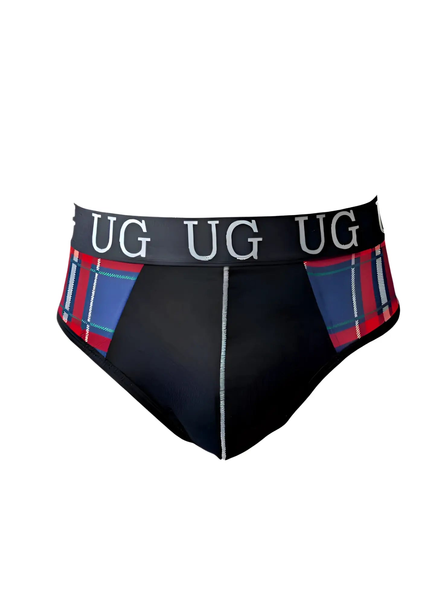 Black briefs with contrast red and blue plaid sides and a black waistband embroidered with ug in white snug pouch