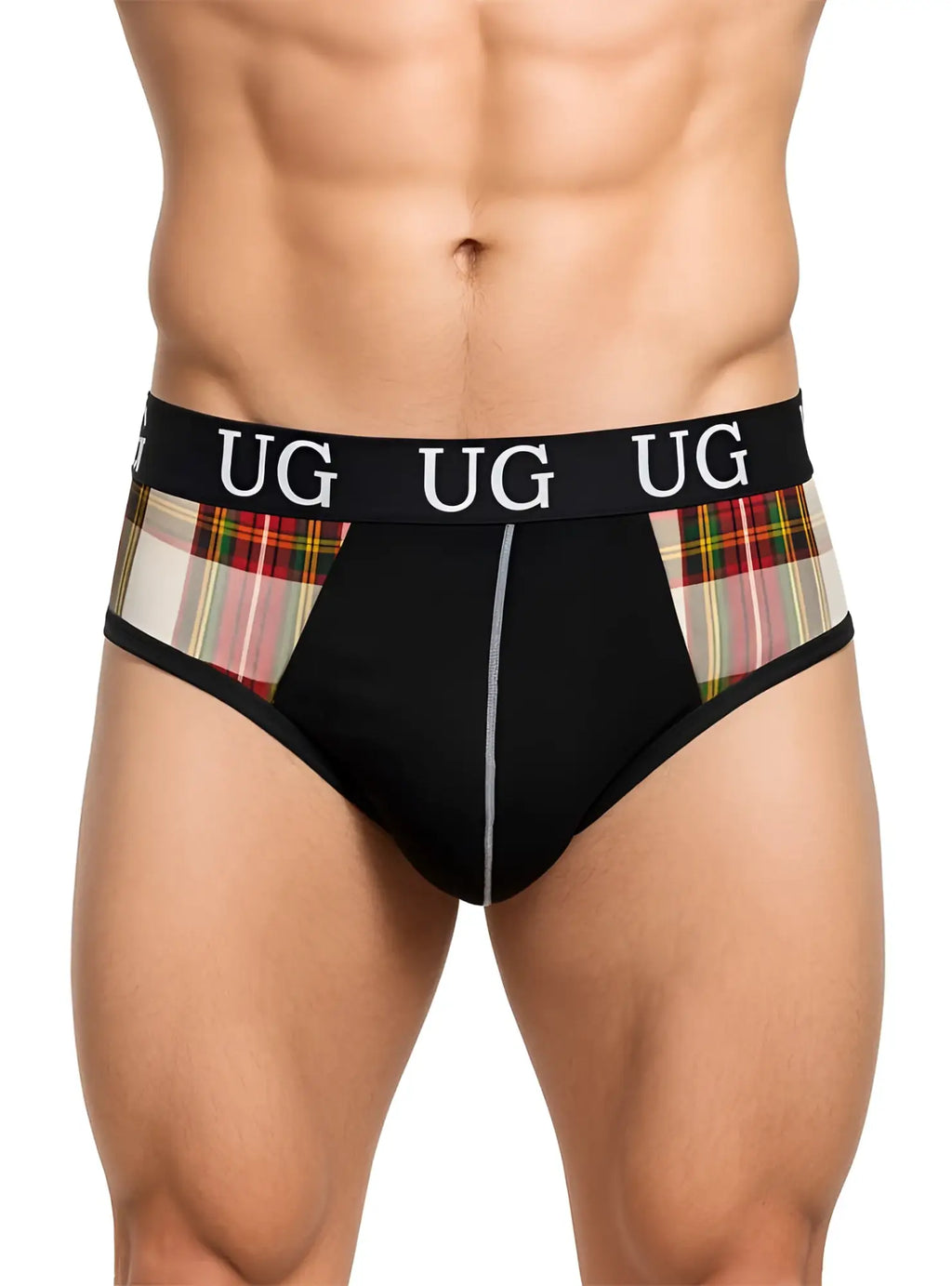 Black briefs contrast jock with snug pouch featuring plaid sides and black waistband with ug branding in white letters