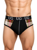 Black briefs contrast jock with snug pouch featuring plaid sides and black waistband with ug branding in white letters