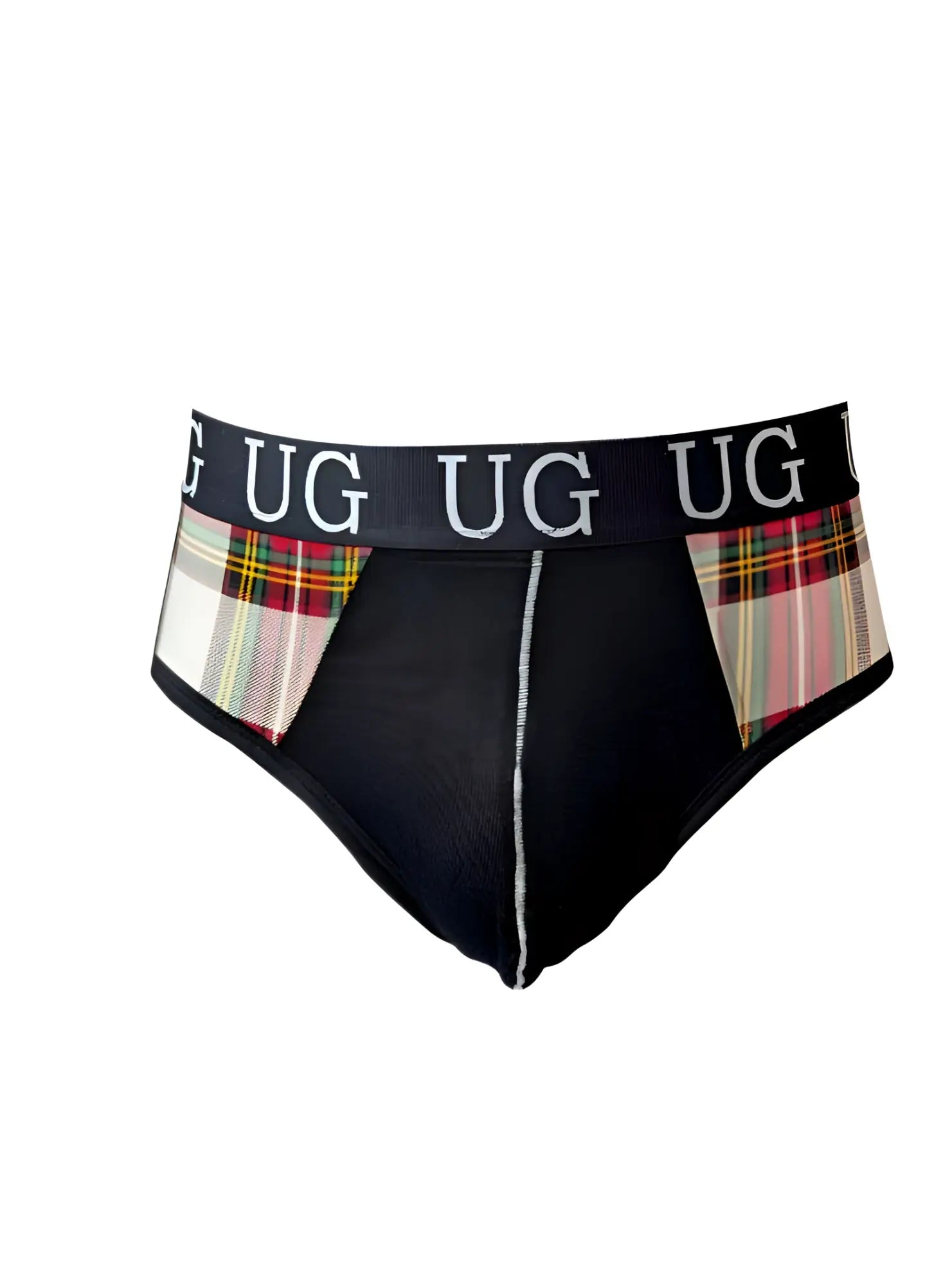 Black contrast jock briefs with snug pouch featuring plaid side panels and ug branded waistband