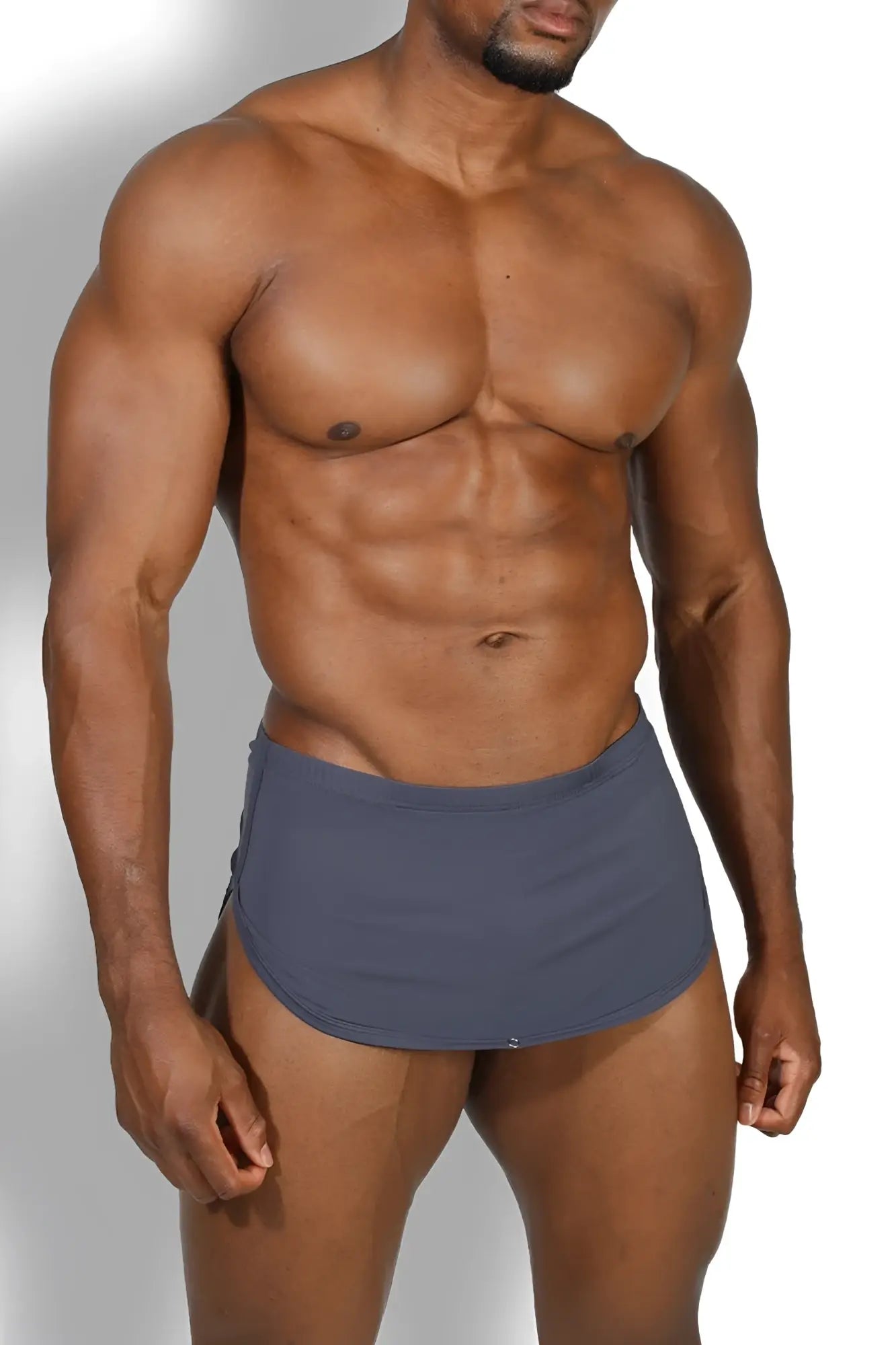 Dark gray form-fitting cool-dri 2-in-1 athletic briefs with smooth fabric finish and thong lining for active wear