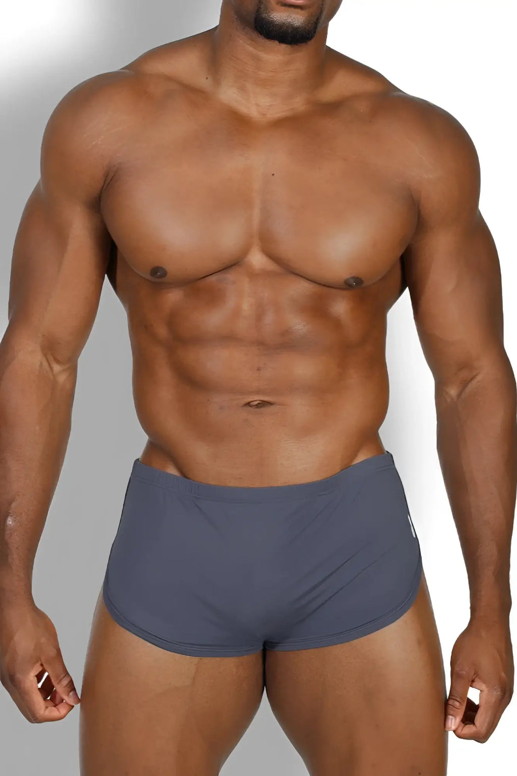 Dark gray cool-dri 2-in-1 athletic briefs with smooth form-fitting fabric and subtle white side logo