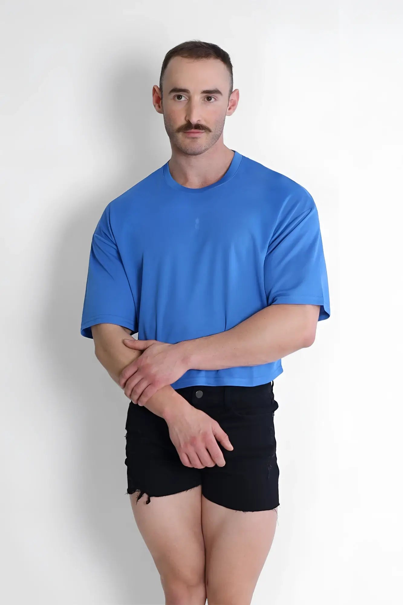 Blue cool-dry oversized relaxed crop top with short sleeves and round neckline for casual wear