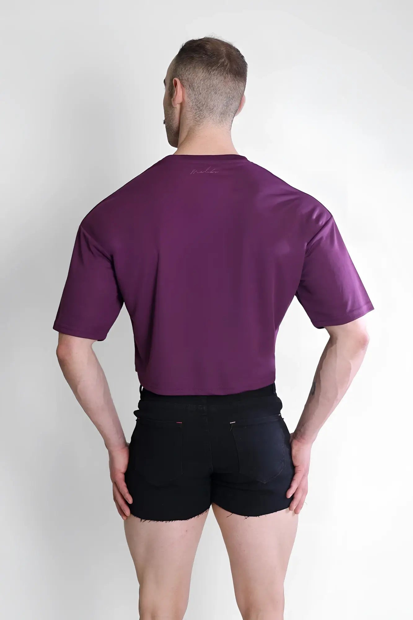 Back view of a plum purple cool-dry oversized relaxed crop top with short sleeves and a subtle logo on the back