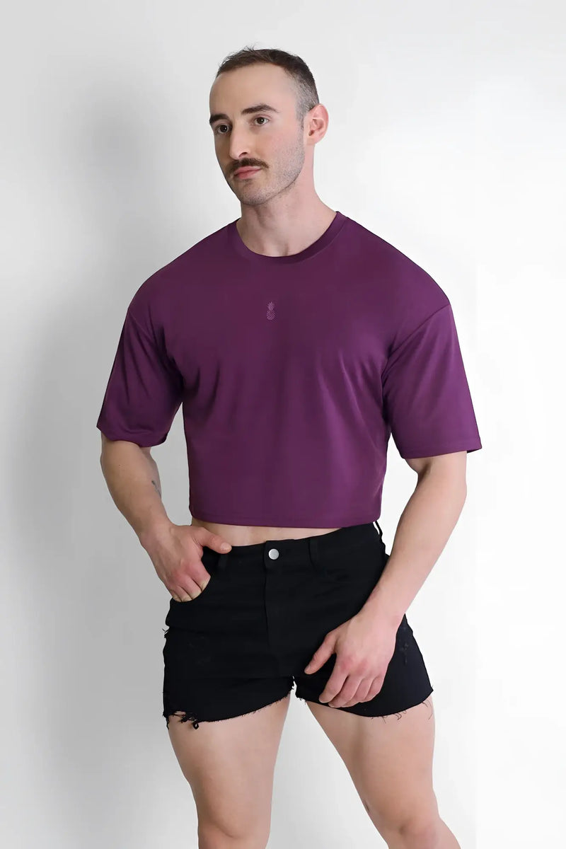 Purple cool-dry oversized relaxed crop top with subtle chest logo made from breathable fabric for casual wear