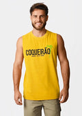 Bright yellow coqueirão men’s sleeveless t-shirt with black text and green palm tree graphic from ipanema rio de janeiro