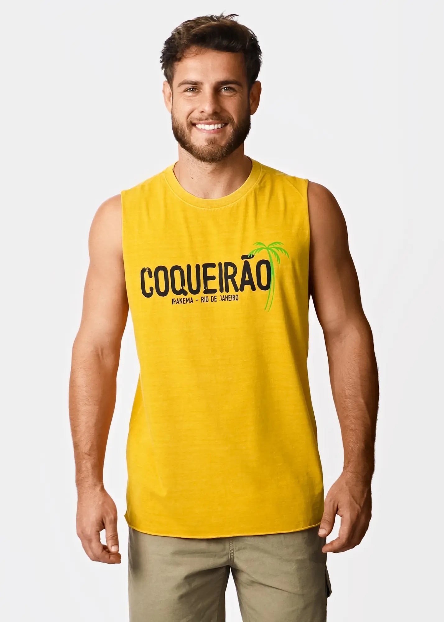 Bright yellow coqueirão men’s sleeveless t-shirt with black text and green palm tree graphic from ipanema rio de janeiro
