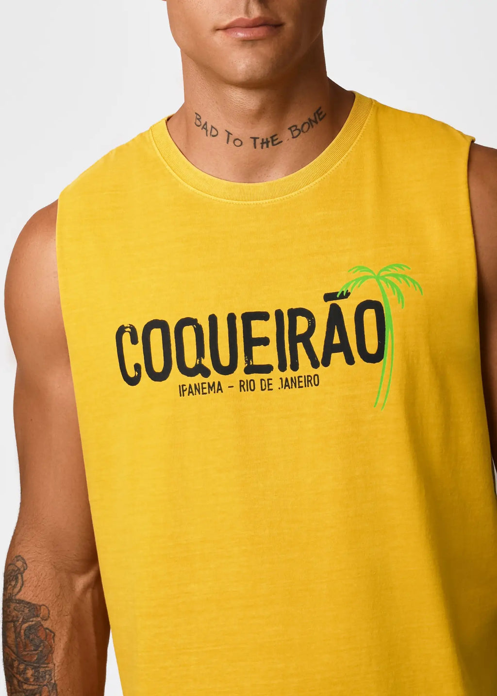 Men’s sleeveless t-shirt coqueirão in bright yellow with bold black lettering and neon green palm tree graphic