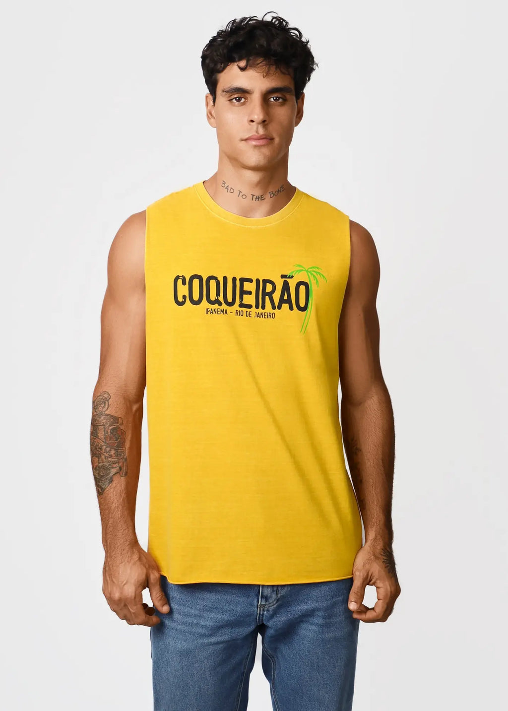 Bright yellow men’s sleeveless t-shirt with bold black coqueirão text and green palm tree graphic design
