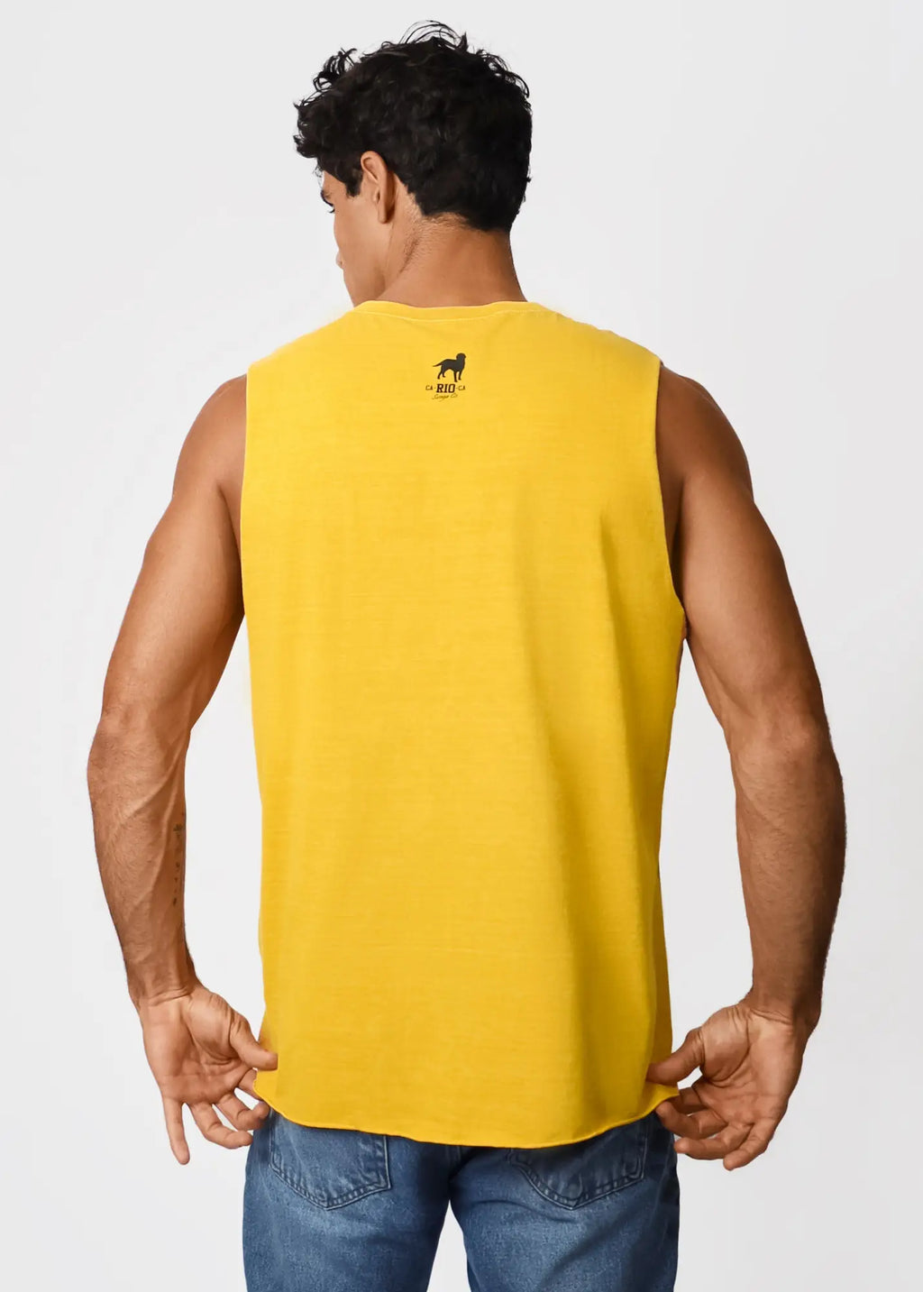 Bright yellow coqueirão men’s sleeveless tank top with small black logo on the back side of the shirt