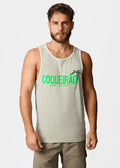 Light green cotton men’s tank top with bold neon green coqueirão text and palm tree graphic