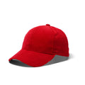 Red corduroy baseball cap with structured crown and curved brim perfect for casual wear