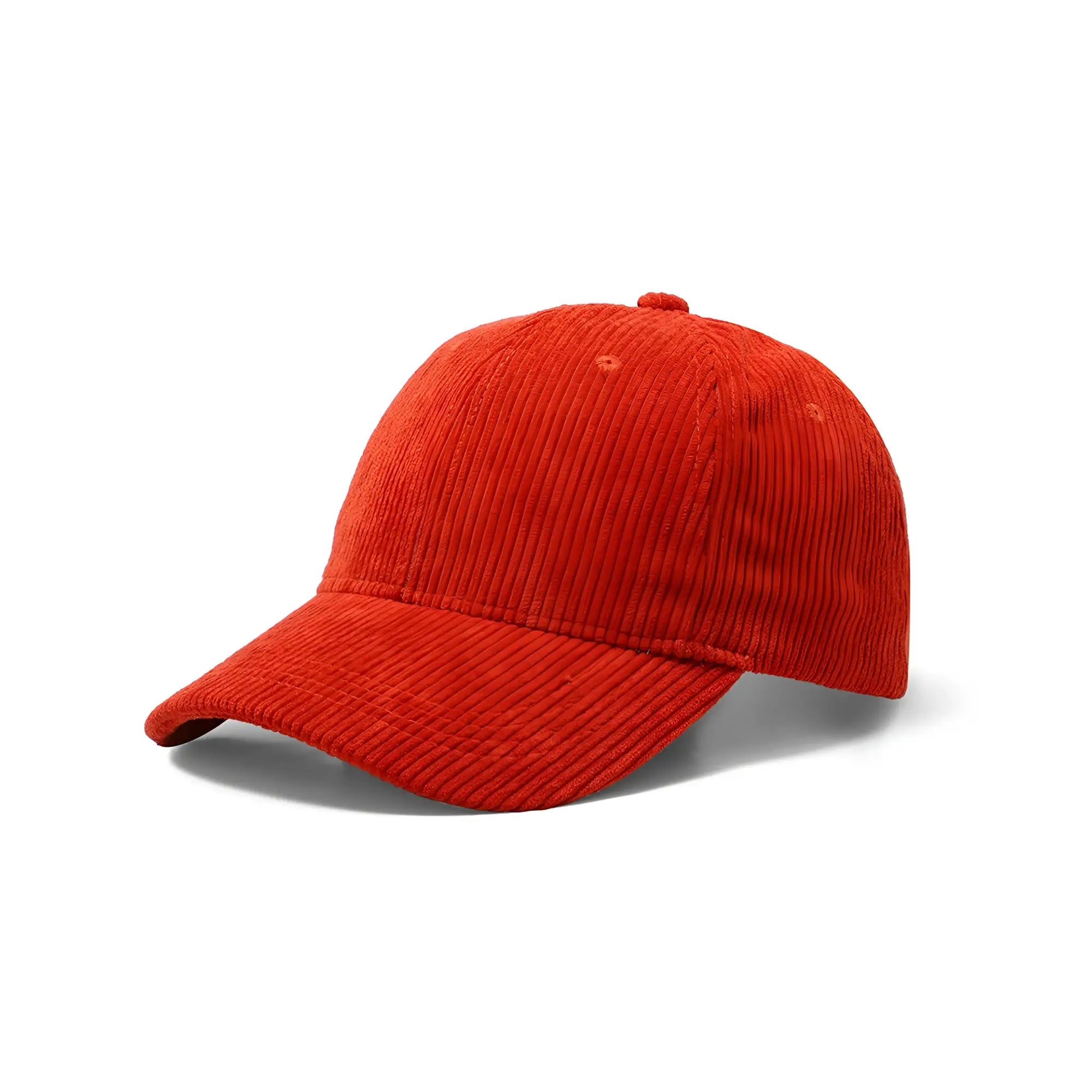 A vibrant red corduroy baseball cap with a six-panel design and curved brim for casual wear