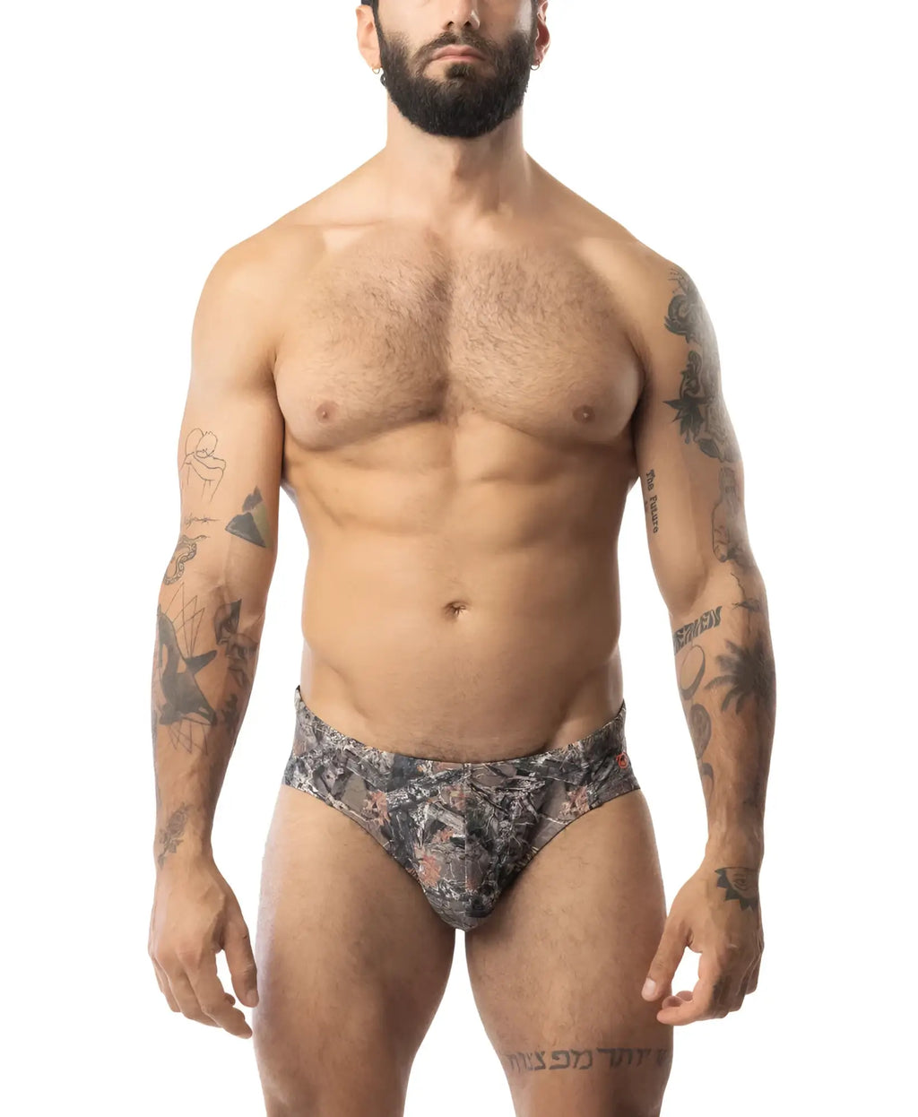 Core bikini timber black and gray camouflage briefs with a snug athletic fit designed for active wear