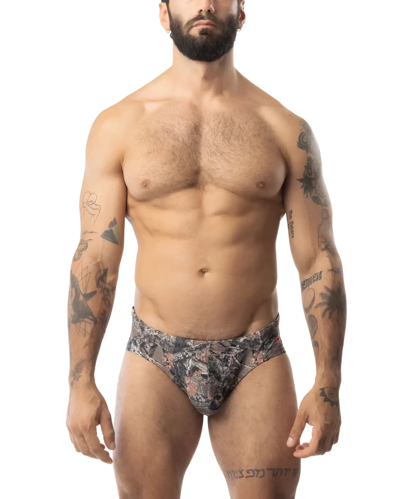 Core bikini timber black and gray camouflage briefs with a snug athletic fit designed for active wear