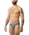 Core bikini timber patterned swim trunks in camouflage with subtle orange accents for casual beachwear