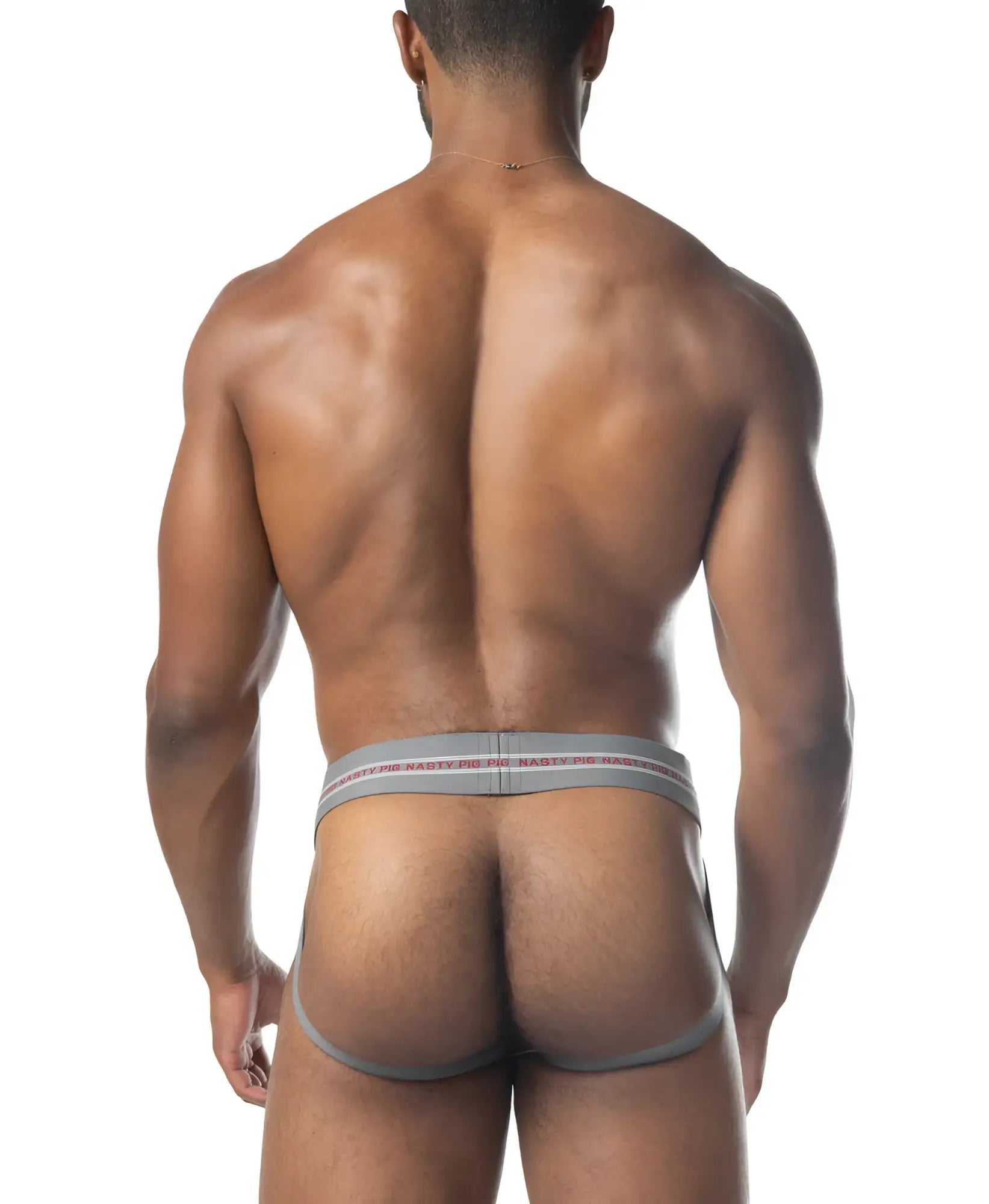 Gray core jockstrap 3.0 athletic briefs with a red and white striped waistband designed for active support