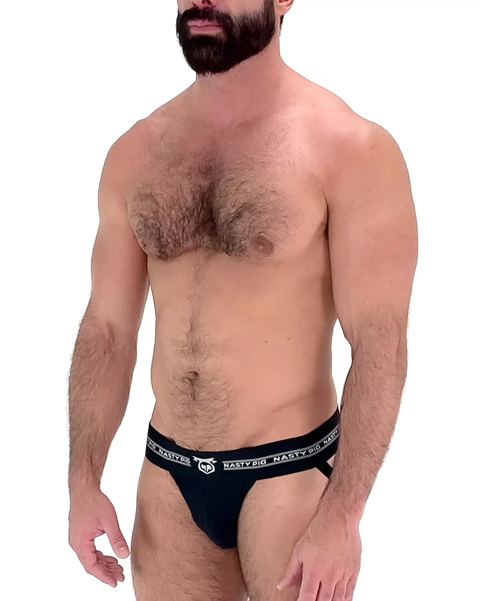Black nasty pig brand core jockstrap briefs with white logo and text on waistband in black fabric