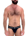 Black nasty pig core jockstrap briefs with white logo and text on waistband in a sleek design