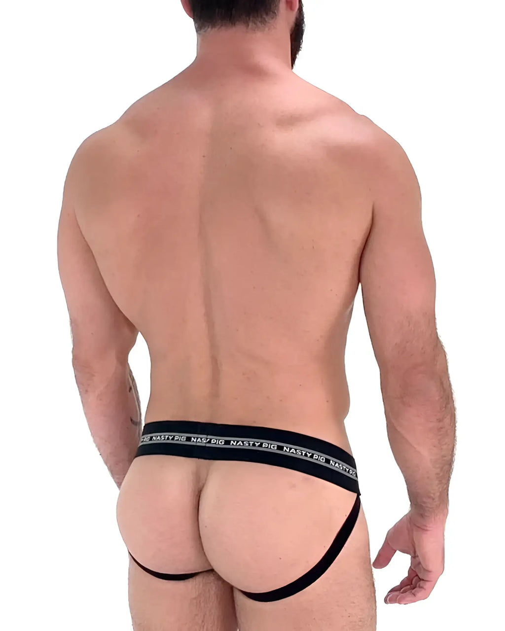 Black nasty pig core jockstrap briefs with wide elastic waistband and thin leg straps for supportive wear
