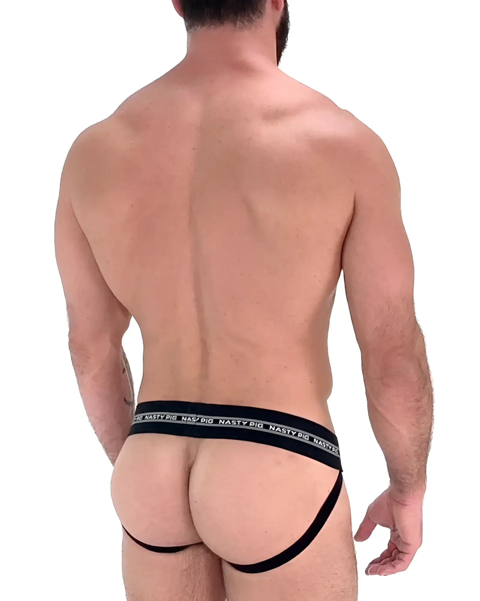 Black nasty pig core jockstrap briefs with wide elastic waistband and thin leg straps for supportive wear