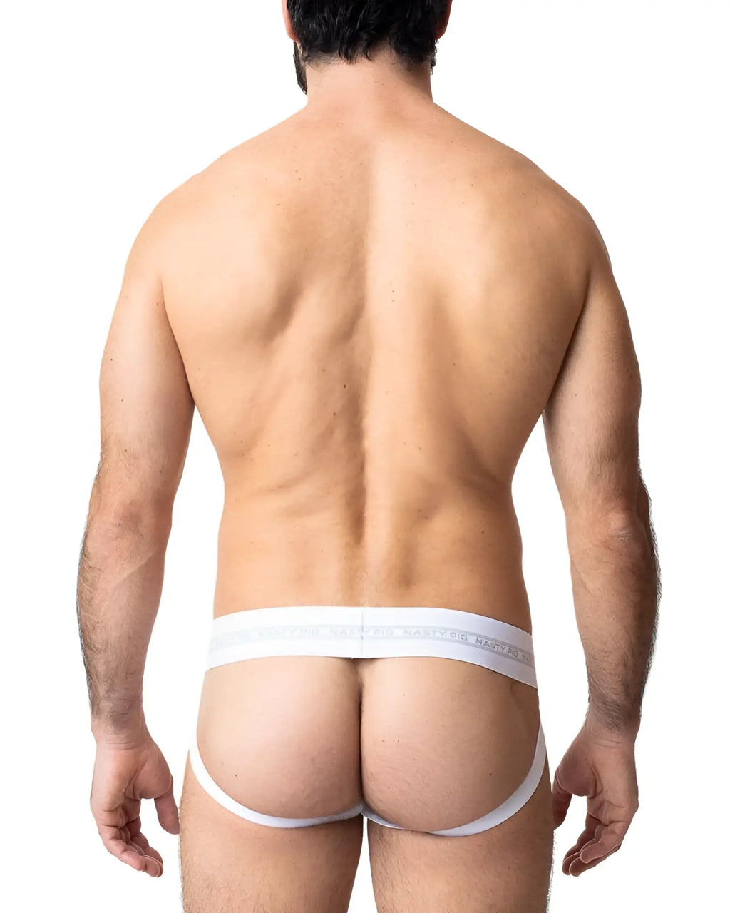 White cotton core jockstrap briefs with a subtle gray logo band across the waistband