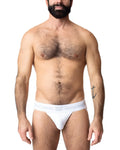 Core jockstrap white cotton briefs with subtle gray logo band for comfortable everyday wear