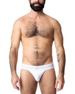 Core jockstrap white cotton briefs with subtle gray logo band for comfortable everyday wear