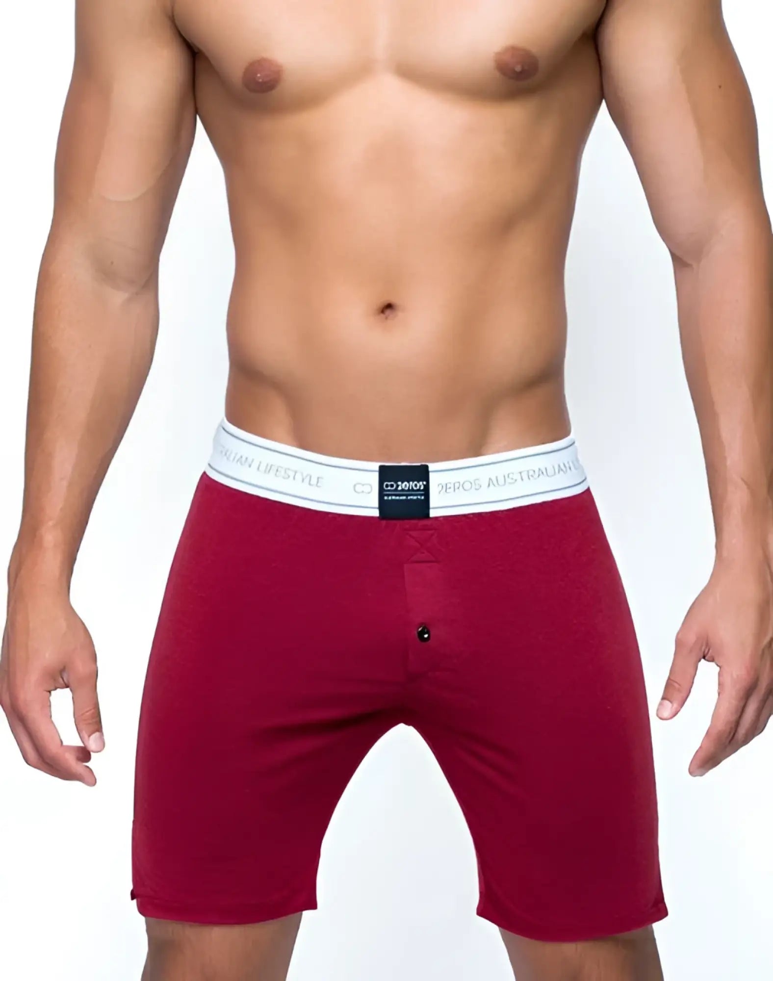 Red men’s boxer shorts from core series lounge short with white elastic waistband and black branded text