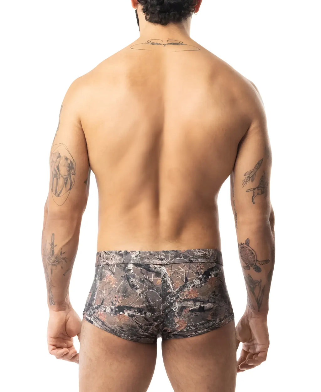 Core square cut timber camouflage patterned men’s briefs with earthy tones and subtle mesh texture front view