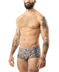 Core square cut timber camouflage men’s briefs in gray brown and black tones with a comfortable blend fabric