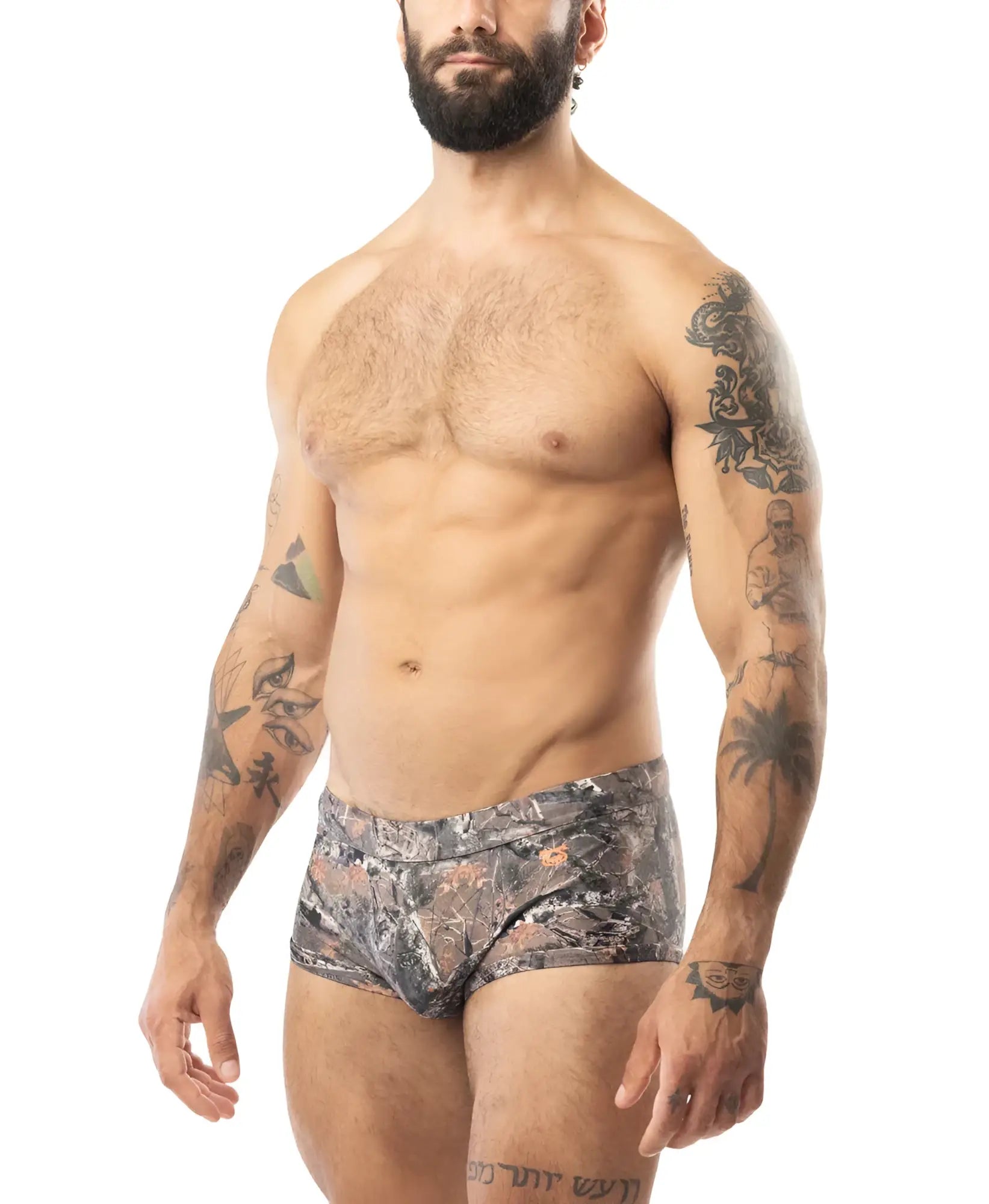 Core square cut timber camouflage men’s briefs in gray brown and black tones with a comfortable blend fabric
