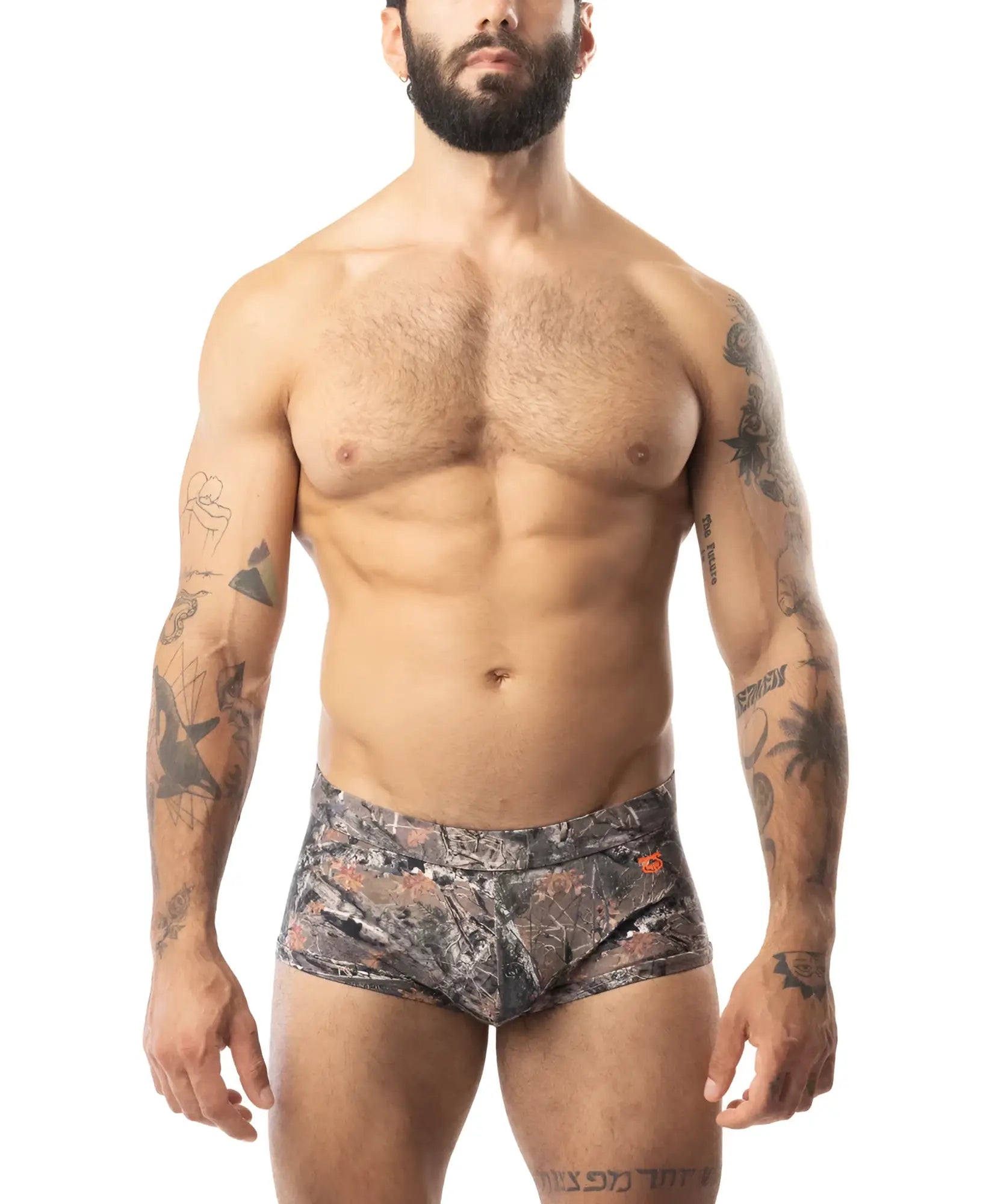 Core square cut timber camouflage men’s briefs with subtle orange logo on the side for comfortable everyday wear